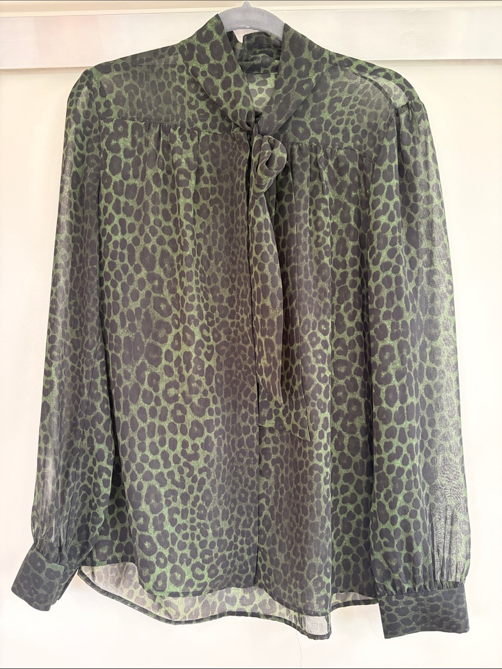 MICHAEL Michael Kors Green and Black Leopard Tie-Neck Blouse